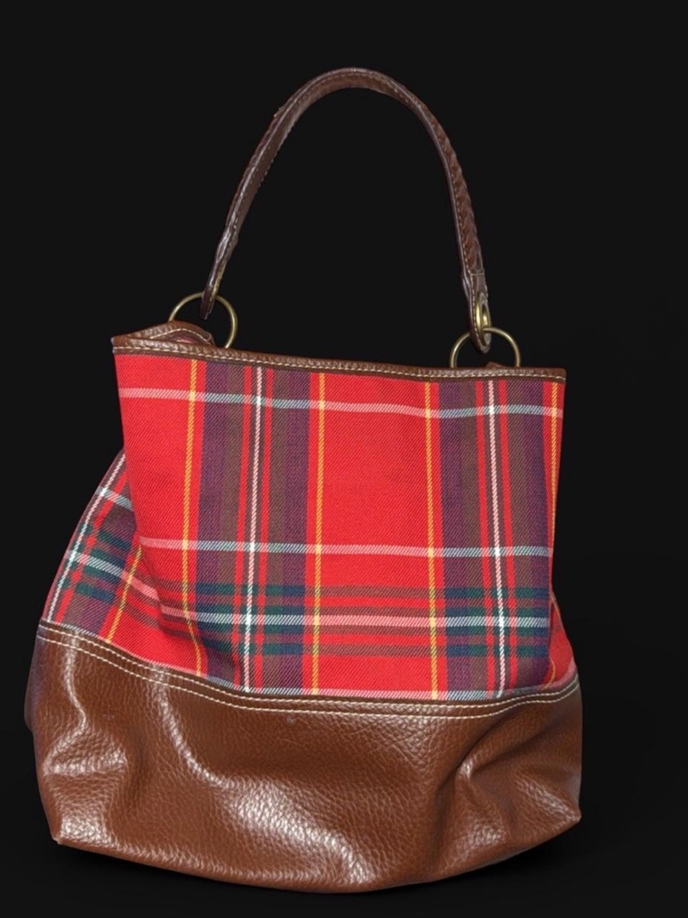 Tommy Hilfiger Red Plaid Tote with Brown Leather Base